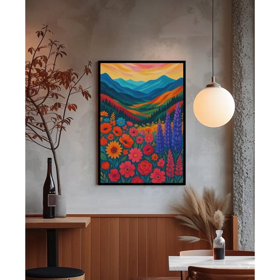 Mountain Landscape Poster: Wildflower Field, Sunset Nature Art, Unframed Poster Size 8x12