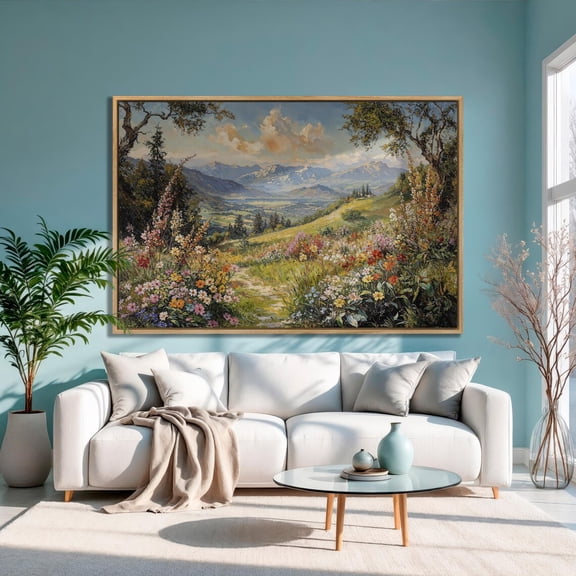 Mountain Landscape Poster: Wildflower Meadow Wall Art, Stretched Canvas Size 16x24