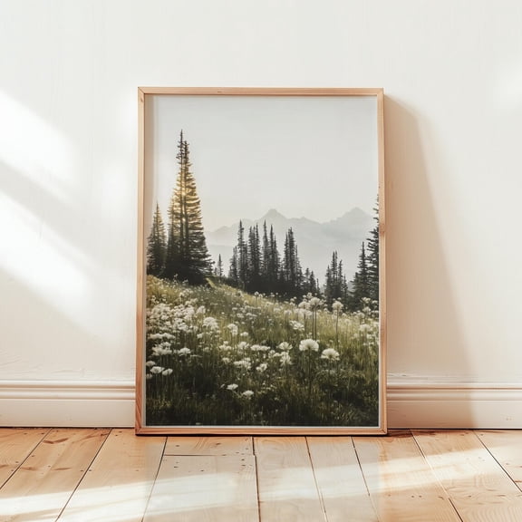 Mountain Landscape Print Misty Sunrise Forest Poster Neutral Nature Wall Art Minimal Wildflower Decor Peaceful Cabin Aesthetic Modern Wall Art Decor