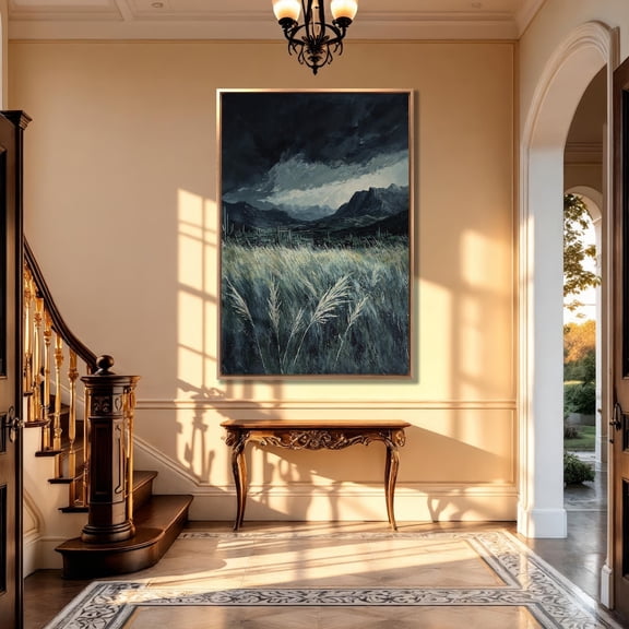 Mountain Landscape Print Stormy Sky, Green Field Poster Decor For Living Room Bedroom, Stretched Canvas Size 16x24