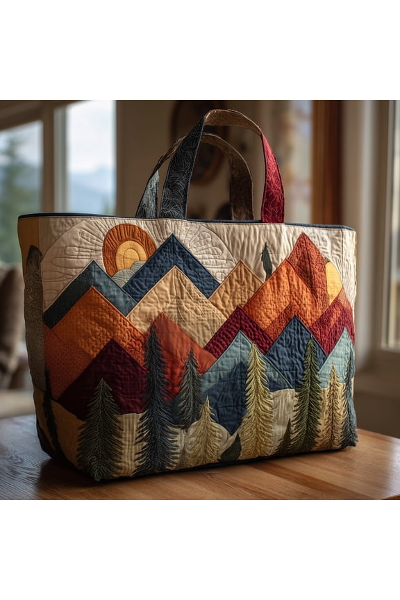 Mountain Landscape Quilted Tote Bag, Scenic Nature Pattern Shoulder Tote, Rustic Travel Shopper