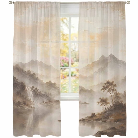 Mountain Landscape Sheer Curtains 108 Inches Long 2 Panels, Zen Mist Mountains Charcoal Ink Wash Texture Semi Sheer Rod Pocket Window Curtains Light Filtering Drapes for Living Room Bedroom
