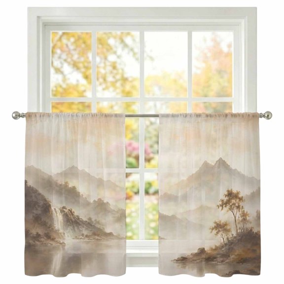Mountain Landscape Sheer Curtains 54 Inches Long 2 Panels, Zen Mist Mountains Charcoal Ink Wash Texture Semi Sheer Rod Pocket Window Curtains Light Filtering Drapes for Living Room Bedroom