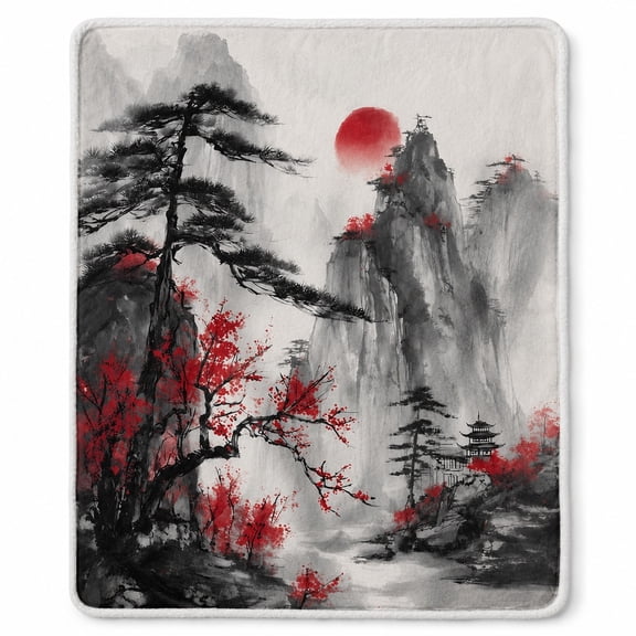 Mountain Landscape Sherpa Blanket, Ink Art Fleece Throw, Multicolor