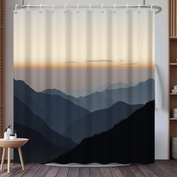 Mountain Landscape Shower Curtain with Hooks, Nature-Inspired Sunrise Silhouette Print Waterproof Fabric Bath Tub Curtain for Modern Rustic Bathroom Decor, 72x72 Inches