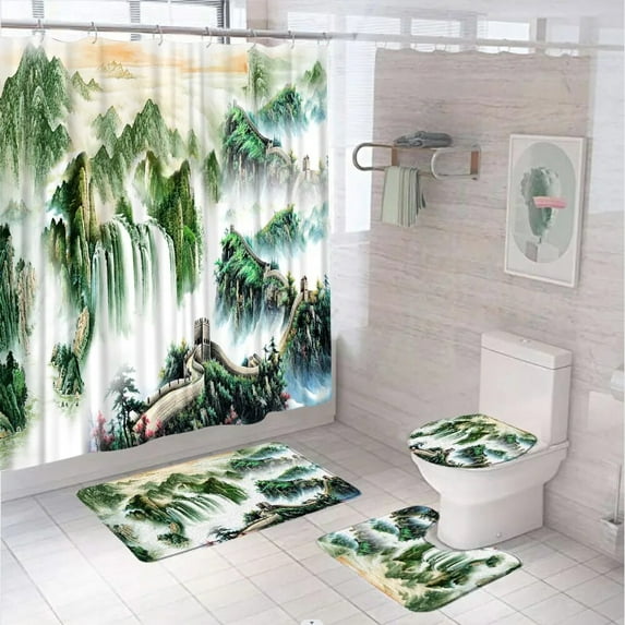 Mountain Landscape Shower Curtain Set For Bathroom Decor Natural Blue Lake Boat Forest Screen With Bath Mat Toilet Lid Cover Rug