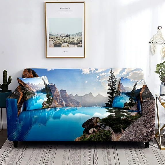 Mountain Landscape Sofa Cover Blooming Floral Botanical Printed Couch Covers Washable Furniture Protector for Living Room Decor