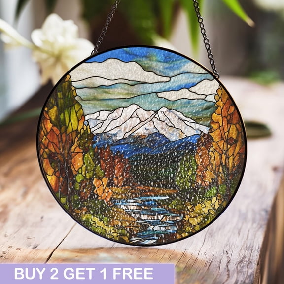 Mountain Landscape Stained Glass Art with Vibrant Autumn Trees and Flowing River for Wall or Window Display