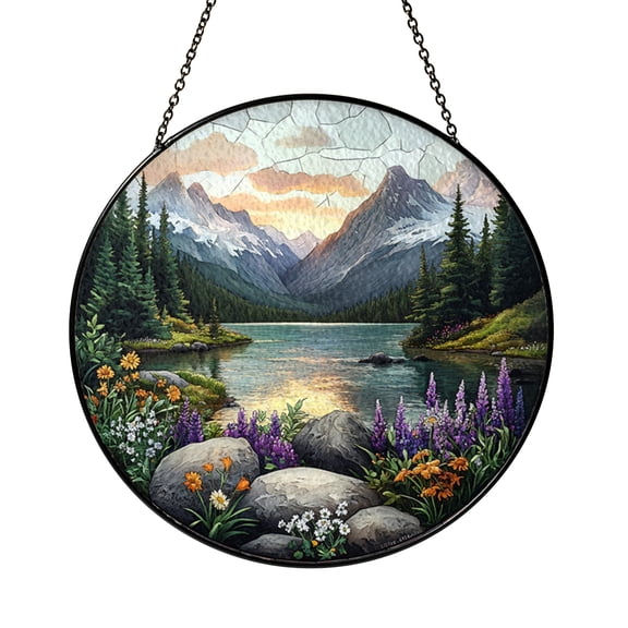 Mountain Landscape Stained Glass Panel Window Art Featuring Scenic Mountains and Sky Decorative Glass Art for Home Interior Window Display