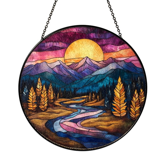 Mountain Landscape Stained Glass Style Window Suncatcher, Aurora Sky Inspired Nature Art Panel, Decorative Glass Style Window Hanging for Scenic Home Decor