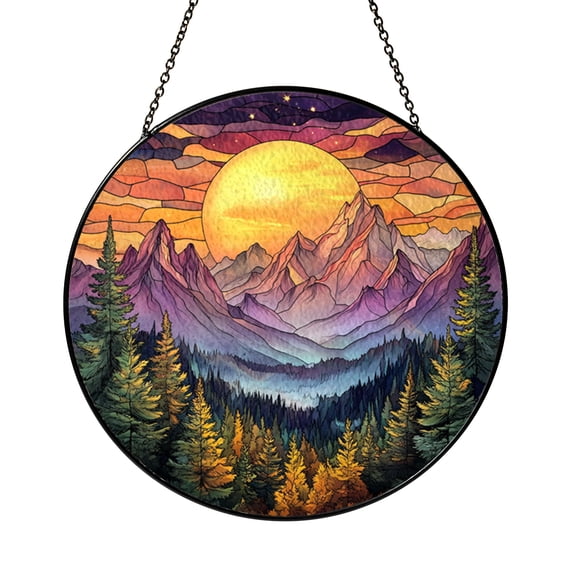 Mountain Landscape Stained Glass Suncatcher, Window Hanging Decor Featuring Layered Blue Mountains and Misty Sky