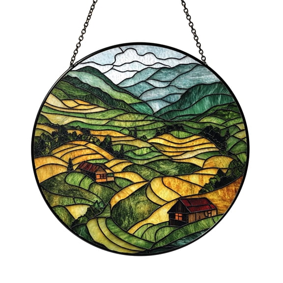 Mountain Landscape Stained Glass Suncatcher Window Hanging Decor, Terraced Field Countryside Art Glass Window Ornament, Round Scenic Glass Panel Nature Landscape Window Decoration Home Decor Gift