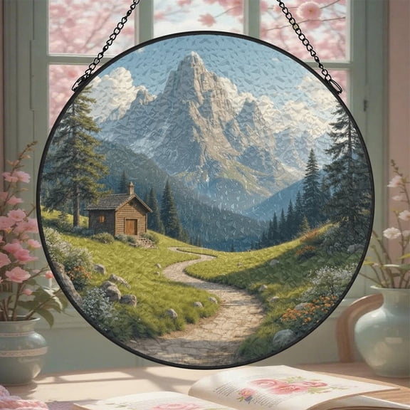 Mountain Landscape Stained Glass Window Hanging 8 Inch Suncatcher Glass Panel with Chain Round Sun Catchers Indoor Wall Art Home Decor Gift for Lovers Couples Women Mother's Day