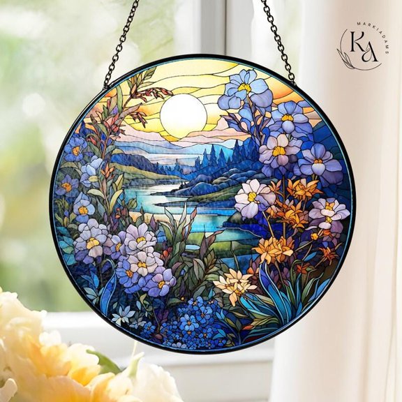 Mountain Landscape Suncatcher, Glass-Effect Floral Sunset Window Panel