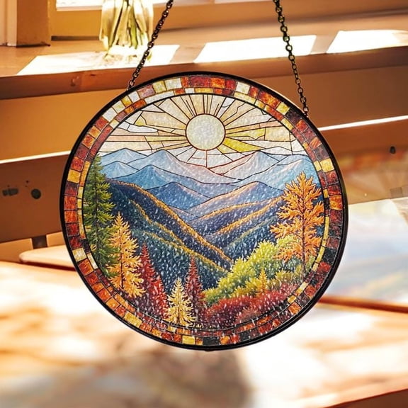 Mountain Landscape Suncatcher, Glass-Effect Scenic Window Panel