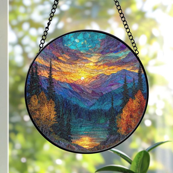 Mountain Landscape Suncatcher, Sunset Over Peaks & Forest River Scene, 7.9 in