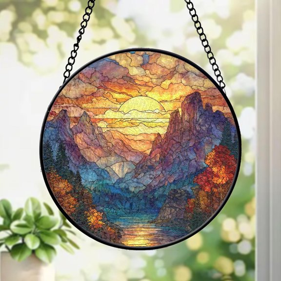 Mountain Landscape Suncatcher, Sunset Over Peaks & Forest River Scene v2, 7.9 in
