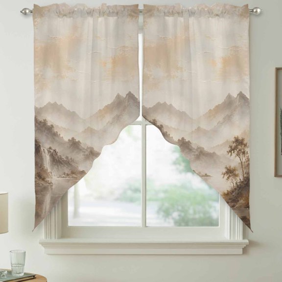 Mountain Landscape Swag Kitchen Curtain Valances, Zen Mist Mountains Charcoal Ink Wash Texture Rod Pocket Curtains Window Treatment Decor Valances for Bedroom Bathroom, 2 Panels 36 x 36 Inch