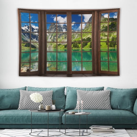 Mountain Landscape Tapestry Mountains Lake Forest Scenery Pattern Printed Wall Tapestry Wall Hanging for Bedroom Living Room Dorm 90" W x 60" H