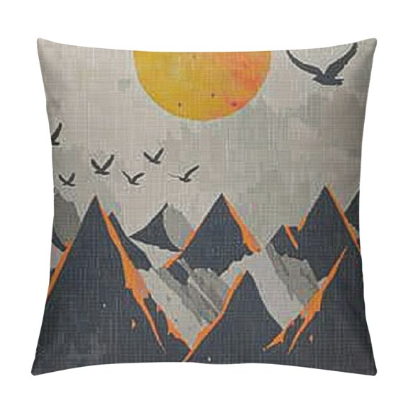 Mountain Landscape Throw Pillow Case, Mountain Mural, Sunset in Mountains, Birds Flying in Mountains Square Throw Waist Pillow Case Decorative Cushion Cover Pillowcase Sofa