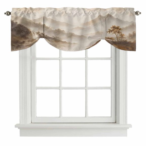 Mountain Landscape Tie Up Valances Curtain, Zen Mist Mountains Charcoal Ink Wash Texture Adjustable Valance for Window Light Filtering for Kitchen and Bathroom Rod Pocket 1 Panel 42x18in
