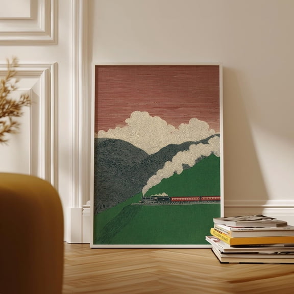 Mountain Landscape Train Print in Lino Style Green Red Illustration, vintage poster, interior print, statement art, Unique Decorative Poster for Home Office, Apartment Gallery Wall, Unframed 8x10