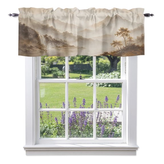 Mountain Landscape Valances for Windows Zen Mist Mountains Charcoal Ink Wash Texture Rod Pocket Light Filtering Short Window Treatments Curtains for Kitchen Bathroom Bedroom, 1 Panel, 42 x 18 Inch