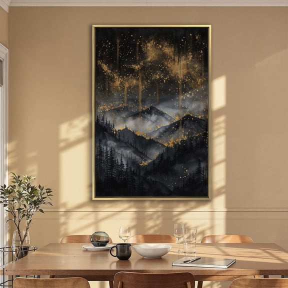 Mountain Landscape Wall Art Abstract Gold And Black Starry Night Sky Poster Pine Forest Silhouette Decor Ready To Hang, Unframed Poster Size 8x12