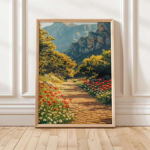 Mountain Landscape Wall Art, Nature Path Poster, Wildflower Field Print, Scenic Landscape Art, Cottagecore Decor, Nature , Poster Print Only
