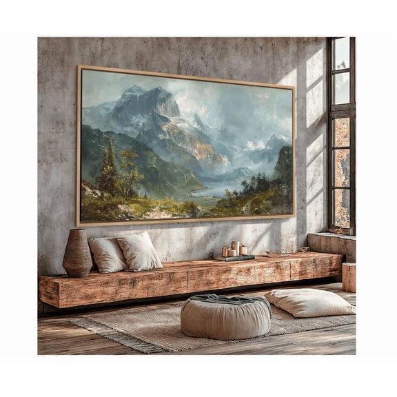 Mountain Landscape Wall Art Snow Capped Peaks Painting Poster Panoramic Alpine Scenery Poster Nature Decor Gift