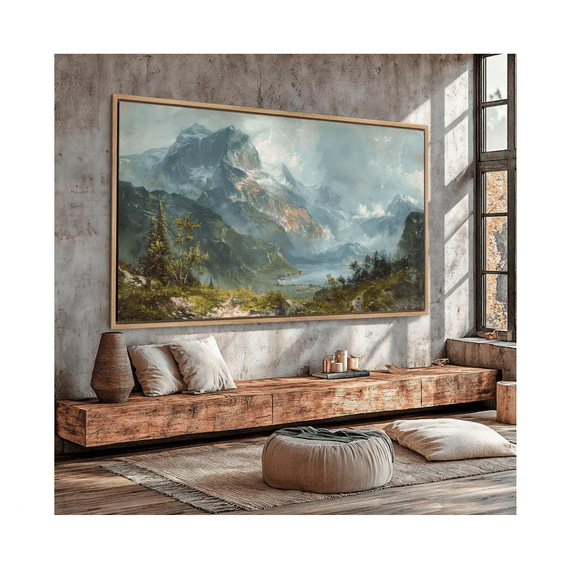 Mountain Landscape Wall Art Snow Capped Peaks Painting Poster Panoramic Alpine Scenery Poster Nature Decor Gift