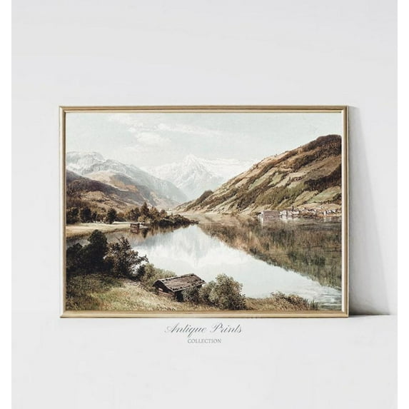 Mountain Landscape Wall Art Vintage, Antique Lake, Muted Country Print, Rustic Farmhouse Decor, Winter Mountain Print Poster, Unframed Poster Size 12x18