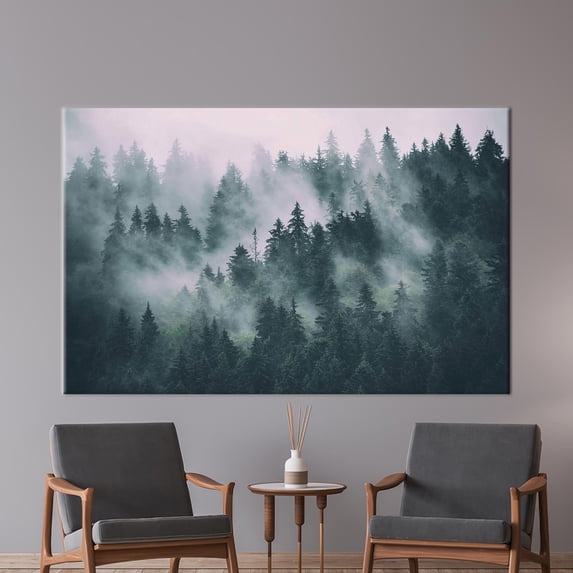 Mountain Landscape Wall Decor, Forest Landscape Printed, View Canvas Art, Misty Mountain Printed, Misty Forest Printed, Forest Printed Canvas, Canvas Wall Decor - White Framed