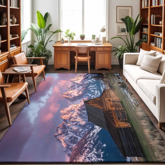 Mountain Landscape Washable Area Rug 9 x 12 ft Rustic Barn Grasslands Farmhouse, Soft Non Slip Rugs Stain Repellent Indoor Felt Carpet for Living Dining Room Bedroom Home Office