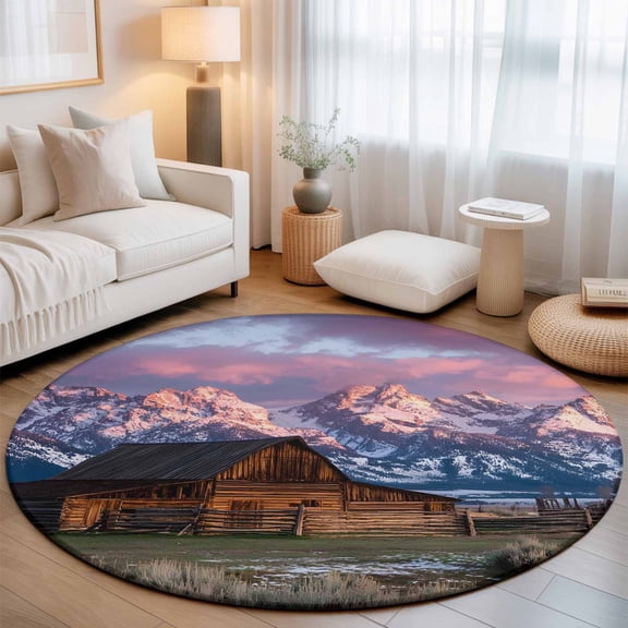 Mountain Landscape Washable Round Area Rug 4 ft, Rustic Barn Grasslands Farmhouse, Soft Non Slip Rugs Stain Repellent Indoor Felt Carpet for Living Dining Room Bedroom Home Office