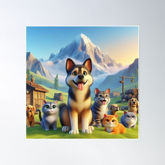 Mountain Landscape With Adorable Pets Poster Wall Art, Modern Wall Decor, 16x16 UNFRAMED