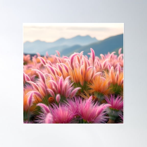 Mountain Landscape With Pink Bushes Poster Wall Art, Modern Wall Decor, 16x16 UNFRAMED
