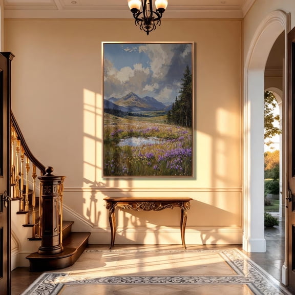 Mountain Landscape poster, Wildflower Field Nature Art Unframed Paper Print