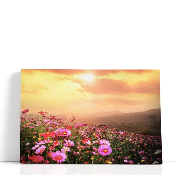 Mountain Landscape with Pink Cosmos Flowers at Sunset - Wrapped Canvas Print Wall Art | 48" W x 32" H