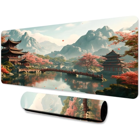 Mountain Large Mouse Pad 31.5x11.8 Inches Natural Scenery Lakes Temples Courtyards Pattern Printed Mouse Pad for Home Studio Keyboard Table Mat BDHYMN262