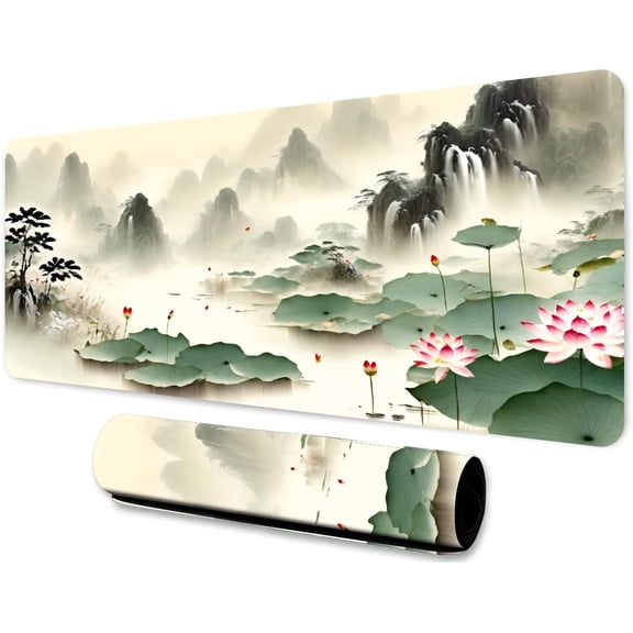 Mountain Large Mouse Pad 31.5x11.8 Inches Natural Scenery Pond Plants Lotus Leaves Pattern Printed Game Mouse Pad for Home Studio Keyboard Table Mat BDHYMN280
