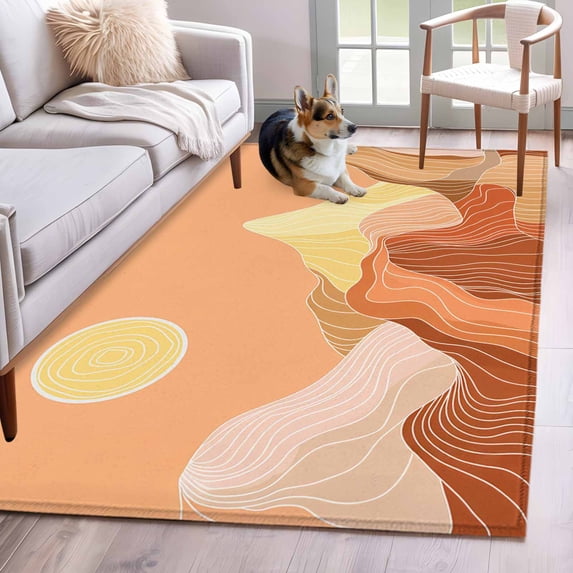Mountain Line Area Rug 4x6 Washable Rug Non Slip Boho Minimalist Landscape Art Sun Orange Large Area Rug Indoor Floor Carpet for Entryway Bedroom Kitchen Living Room Home Office Dining Room Nursery