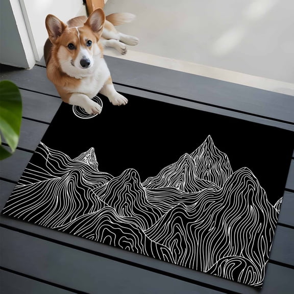 Mountain Line Bathroom Mat 2x3 FT, Non Slip Small Kitchen Mat, Minimalist Abstract Landscape Art Sun Black Washable Soft Backed Front Door Throw Rug Indoor Outdoor Doormat for Entryway
