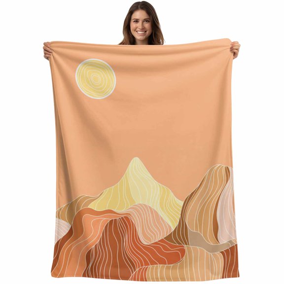 Mountain Line Blanket Soft Cozy Warm Throw Blanket for Couch, Plush Fuzzy Flannel Fleece Blankets for Sofa, Boho Minimalist Landscape Art Sun Orange Bed Blankets Lightweight Gifts for Women, 30"x40"