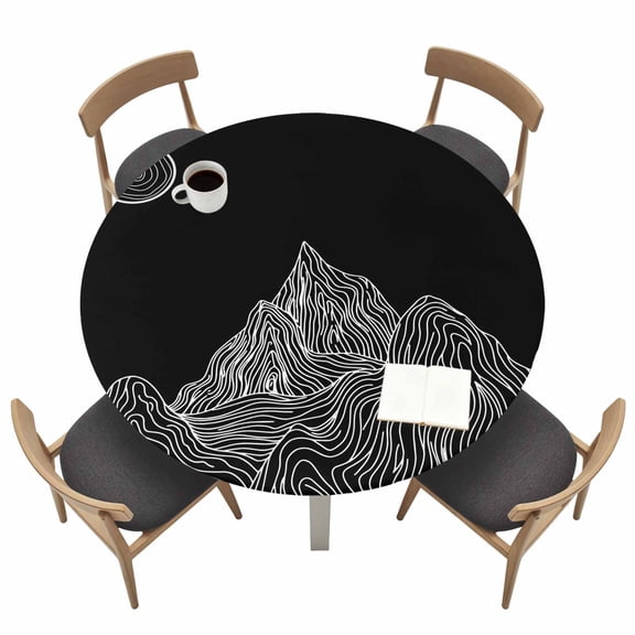 Mountain Line Fitted Tablecloth with Elastic Edged, Round Table Cloth for Dining Table, Minimalist Abstract Landscape Art Sun Black Waterproof Oil Proof Table Cover for Indoor Outdoor 36"-44"