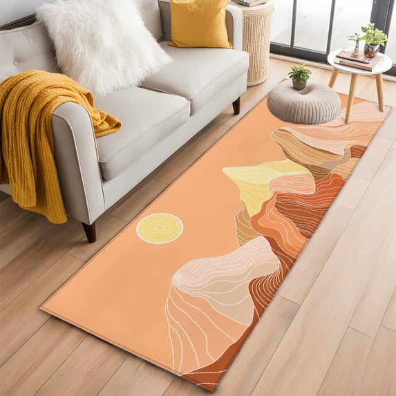 Mountain Line Kitchen Runner Rug 2x6 Washable Runners for Hallway Non Slip Boho Minimalist Landscape Art Sun Orange Large Area Rug Indoor Floor Carpet for Bathroom Laundry Entryway Bedroom