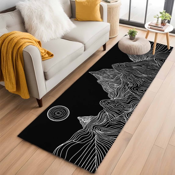 Mountain Line Kitchen Runner Rug 2x6 Washable Runners for Hallway Non Slip Minimalist Abstract Landscape Art Sun Black Large Area Rug Indoor Floor Carpet for Bathroom Laundry Entryway Bedroom