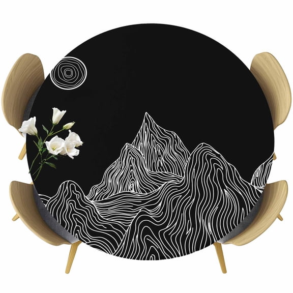 Mountain Line Round Tablecloth, Fitted Table Cover with Elastic for 45"-54" Round Tables, Minimalist Abstract Landscape Art Sun Black Table Cloth Outdoor Indoor Dinning Party Waterproof Tablecloths