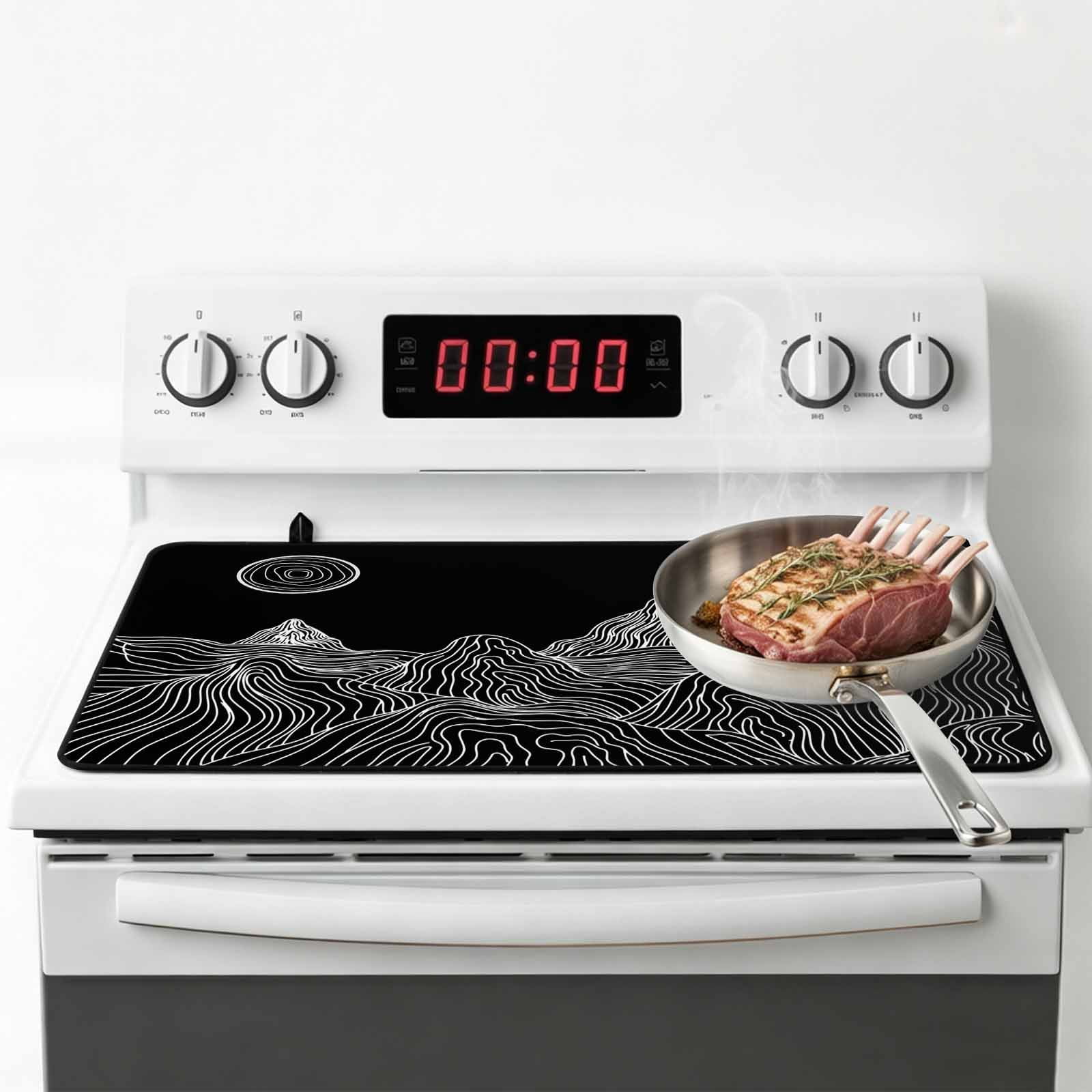 Mountain Line Stove Top Cover for Electric Stove, Heat-proof & Non Slip Glass Top Stove Cover Protector, Minimalist Abstract Landscape Art Sun Black Kitchen Flat Cooktop Rubber Mat 24x21 Inches