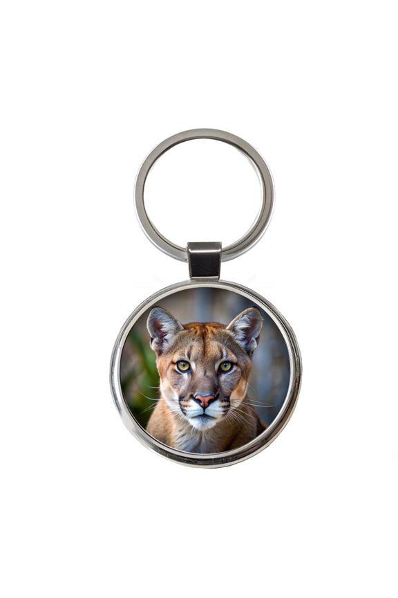 Mountain Lion Cougar Face Metal Round Keychain